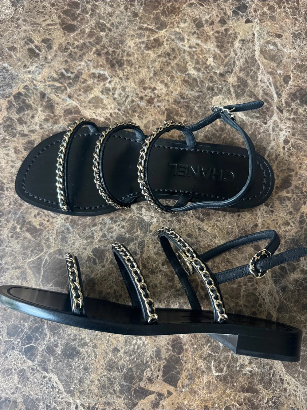 Chanel black leather gold chain sandals flats charms sz 38